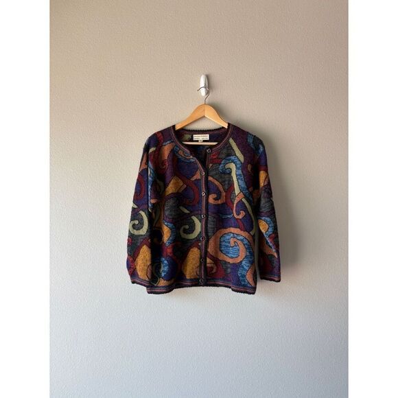 peruvian connection artsy multi color alpaca button front cardigan sweater - Picture 1 of 10